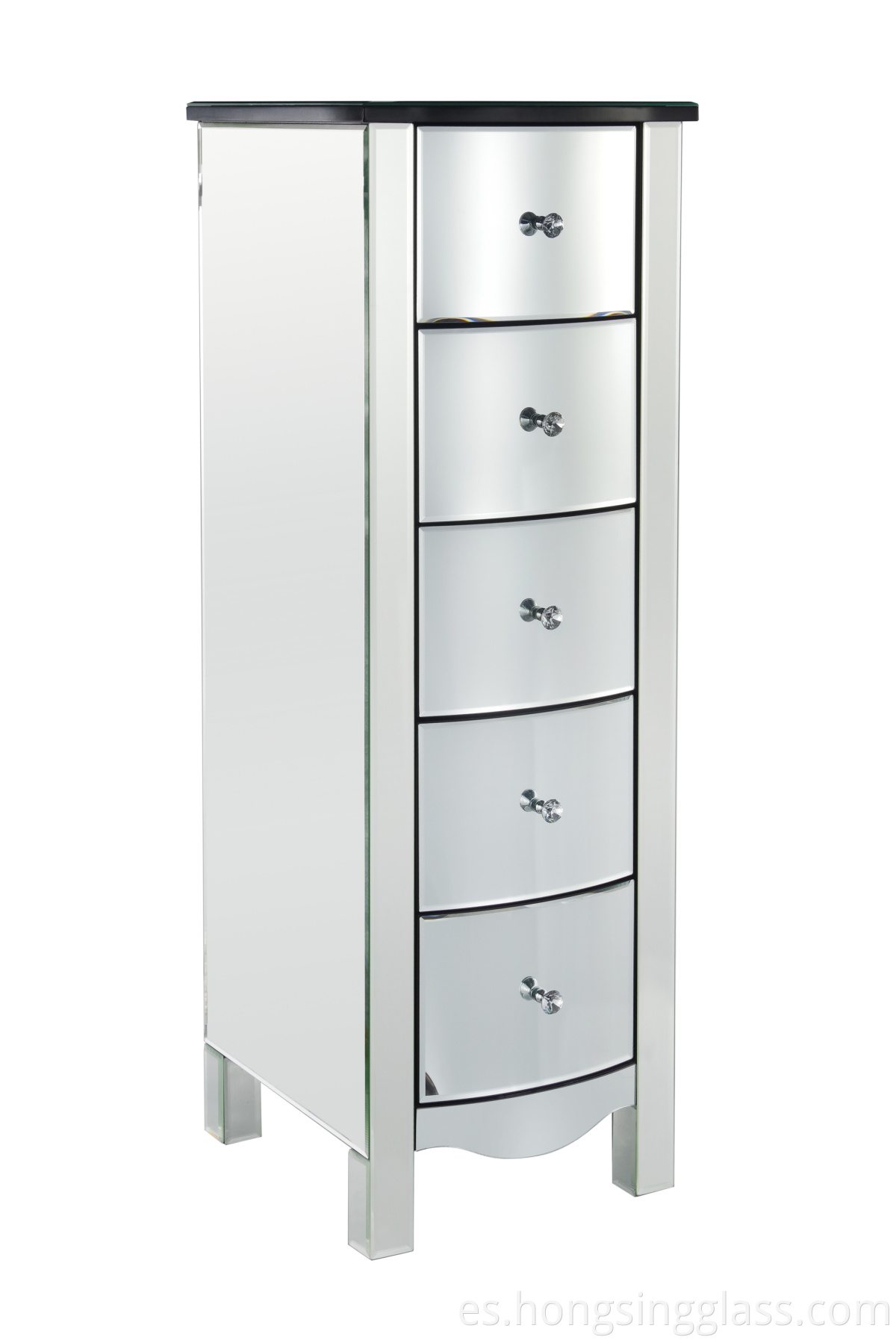 curved mirrored 5 drawer tallboy